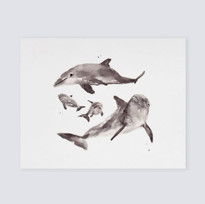 Dolphin Family of 4 Ocean Animal Watercolor Art Print - Art Prints - Moon Rock Prints