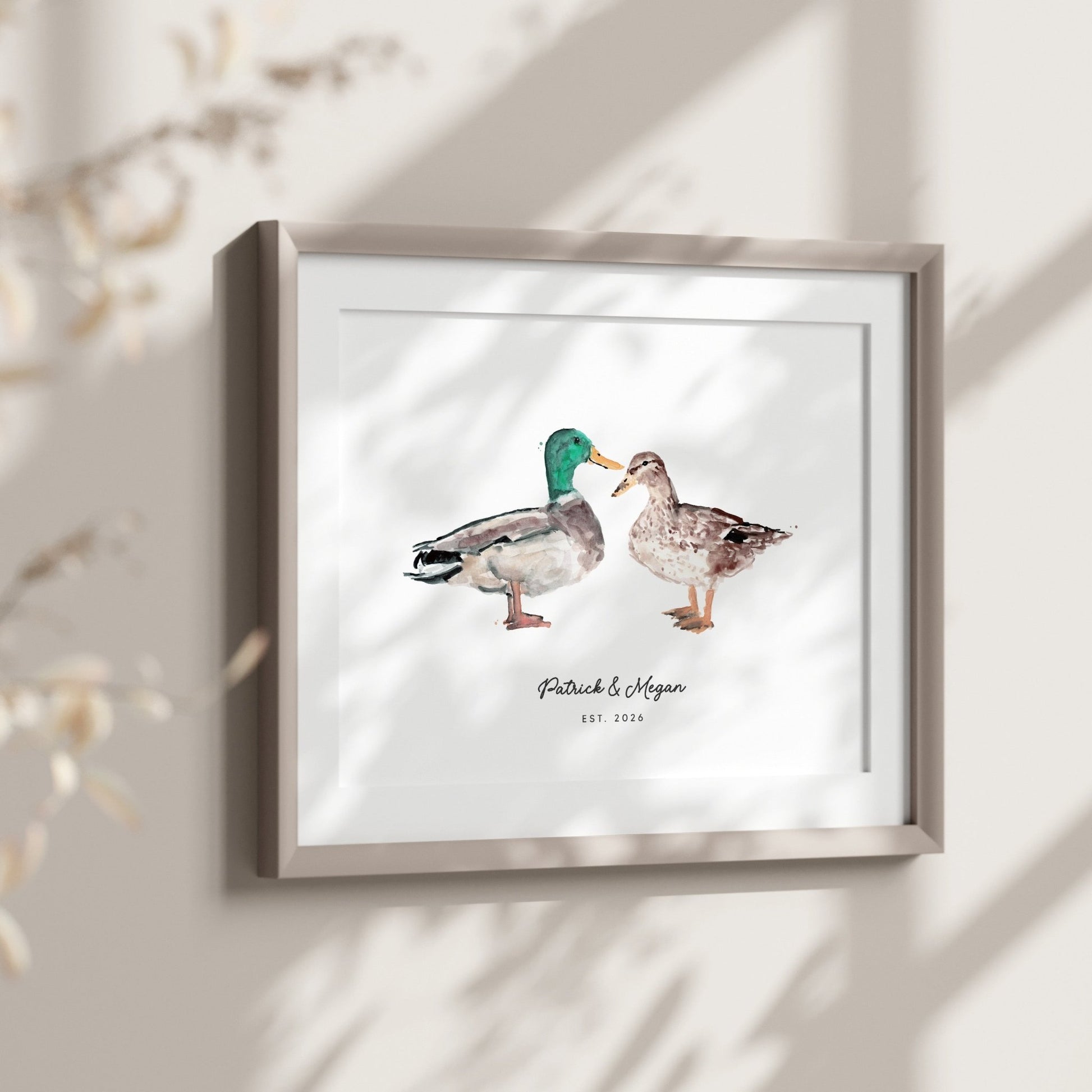 Duck Couple Personalized Watercolor Art Print - Art Prints - Moon Rock Prints
