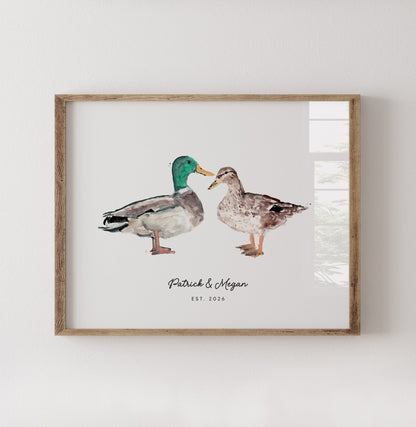 Duck Couple Personalized Watercolor Art Print - Art Prints - Moon Rock Prints