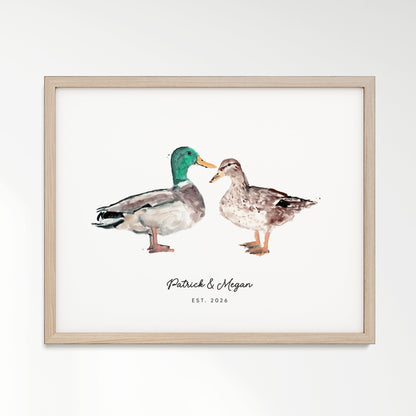 Duck Couple Personalized Watercolor Art Print - Art Prints - Moon Rock Prints