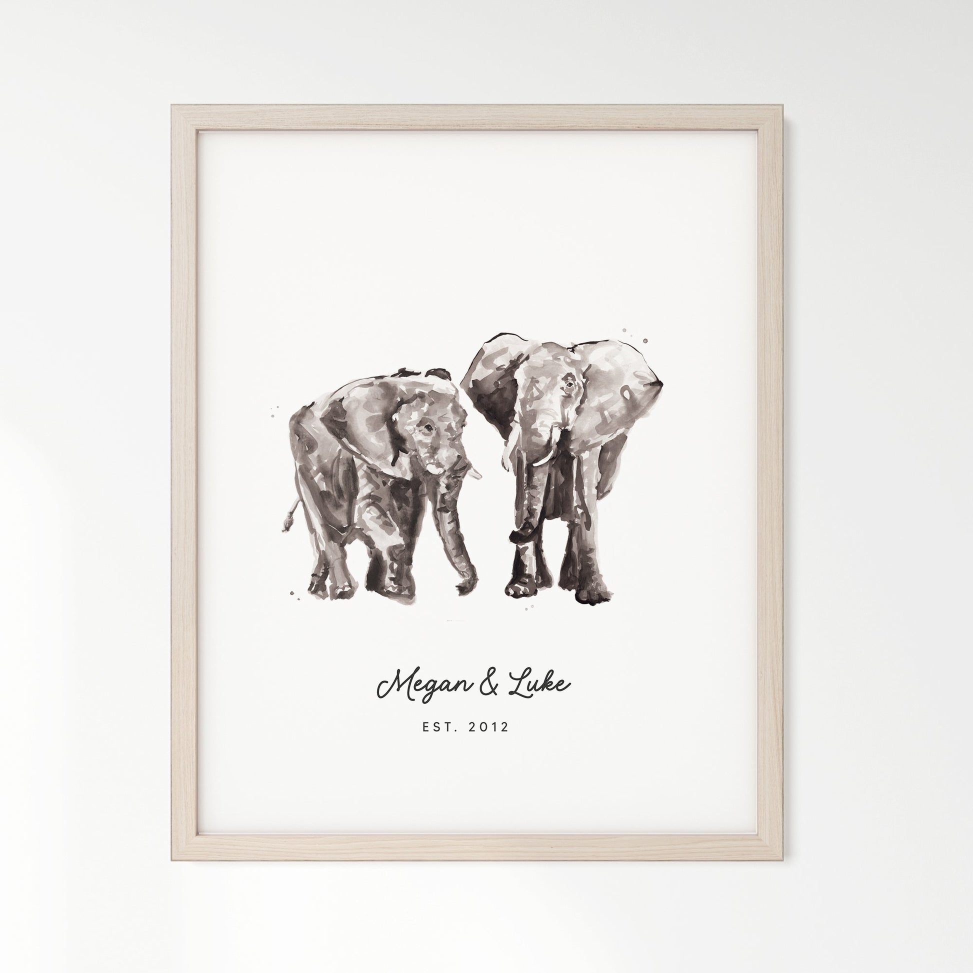 Elephant Couple Personalized Watercolor Art Print - Art Prints - Moon Rock Prints