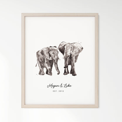 Elephant Couple Personalized Watercolor Art Print - Art Prints - Moon Rock Prints
