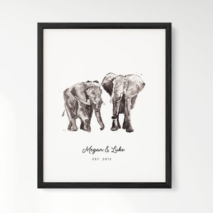 Elephant Couple Personalized Watercolor Art Print - Art Prints - Moon Rock Prints