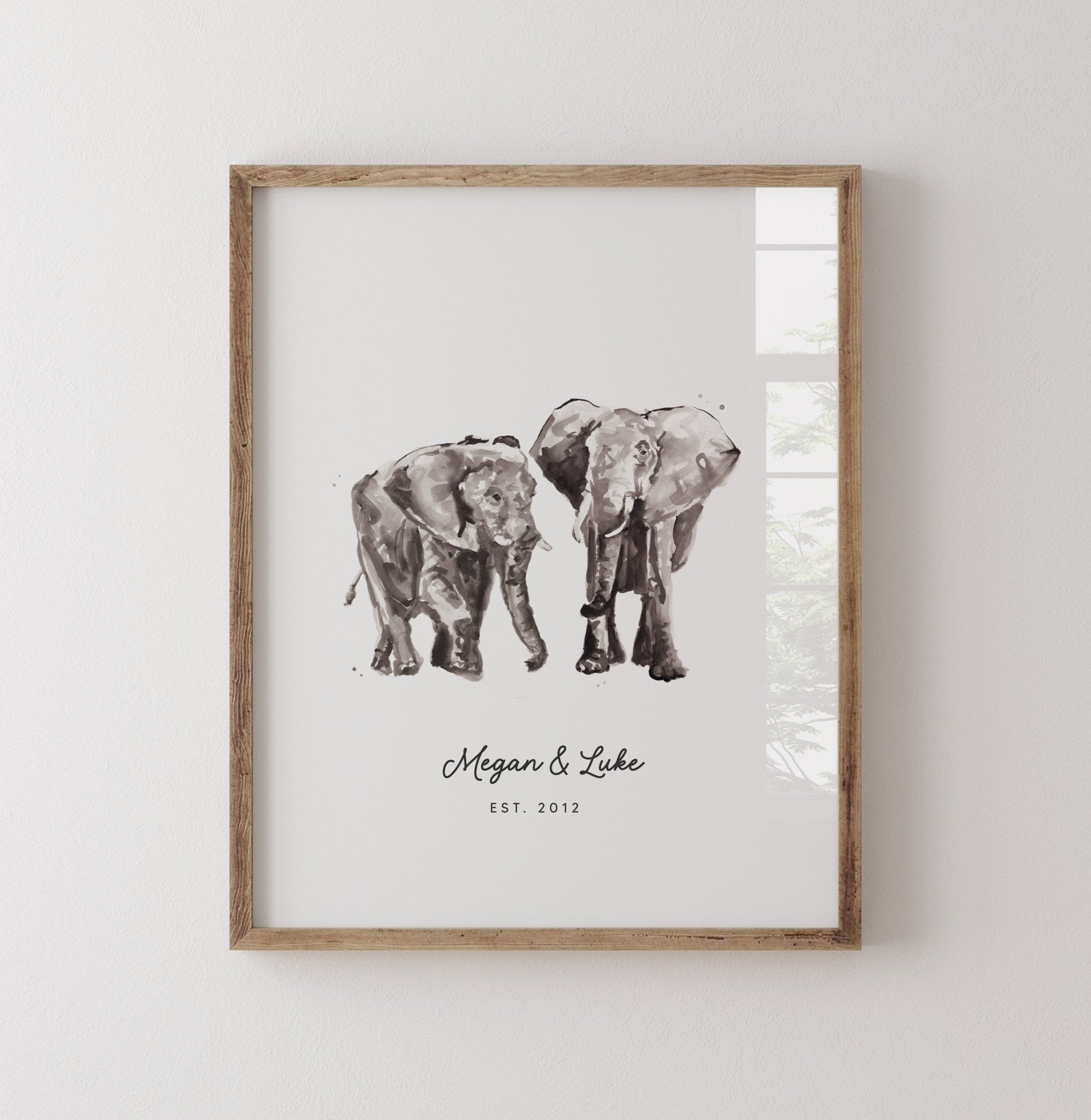 Elephant Couple Personalized Watercolor Art Print - Art Prints - Moon Rock Prints