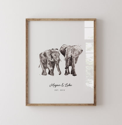 Elephant Couple Personalized Watercolor Art Print - Art Prints - Moon Rock Prints