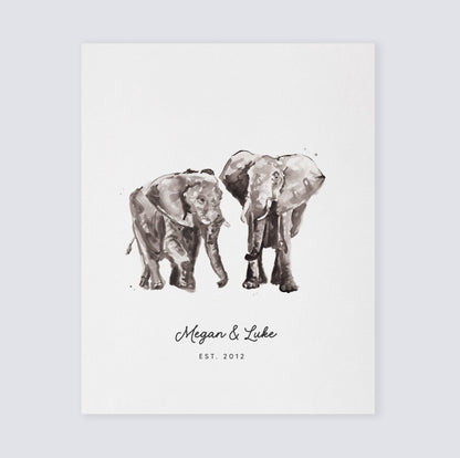 Elephant Couple Personalized Watercolor Art Print - Art Prints - Moon Rock Prints