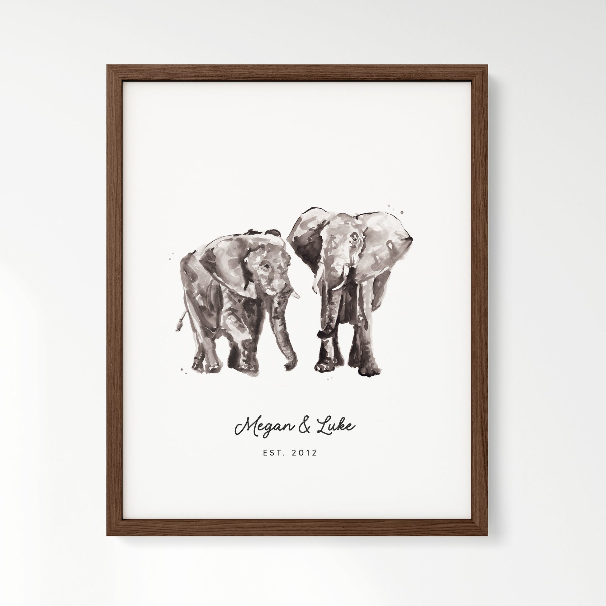 Elephant Couple Personalized Watercolor Art Print - Art Prints - Moon Rock Prints