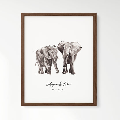 Elephant Couple Personalized Watercolor Art Print - Art Prints - Moon Rock Prints