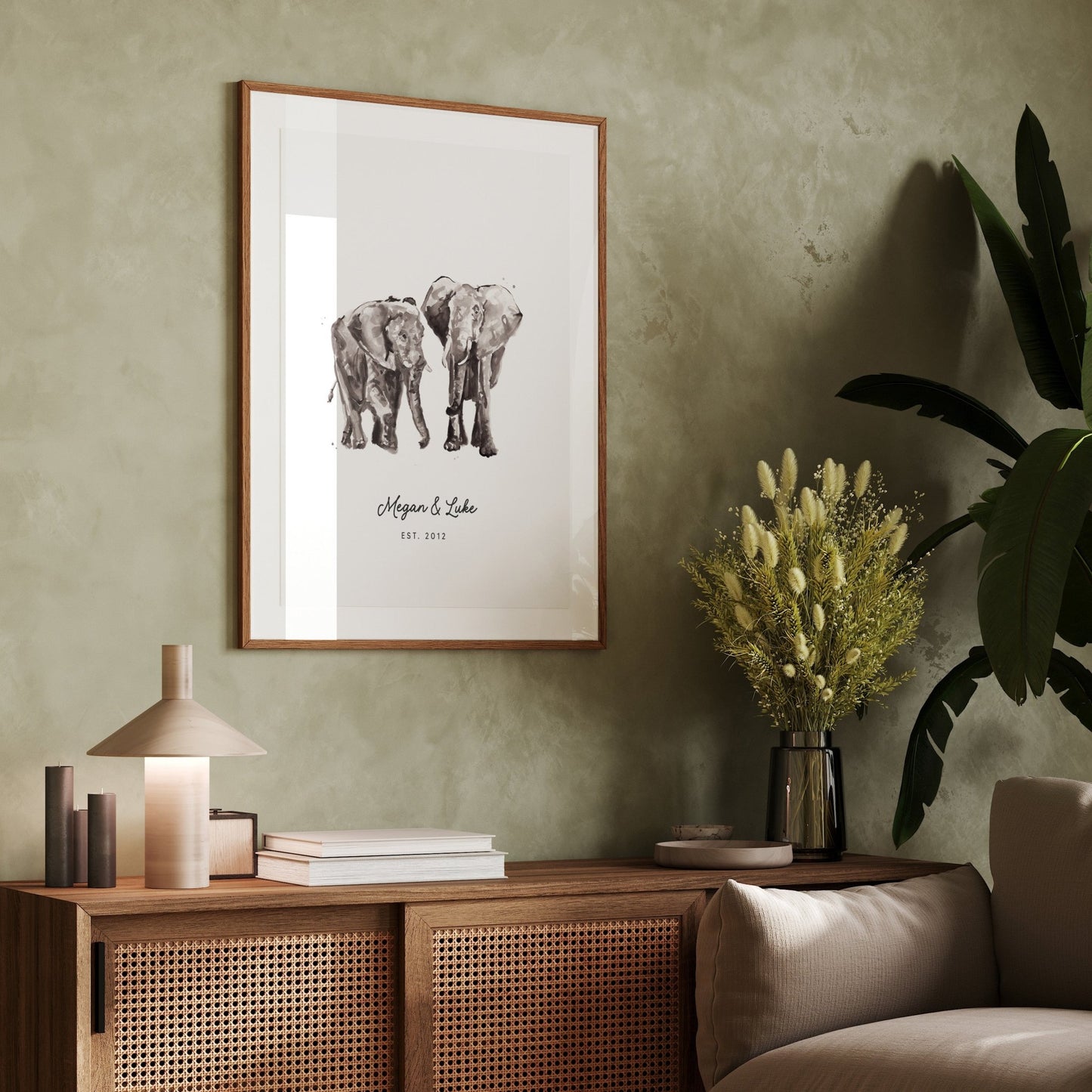 Elephant Couple Personalized Watercolor Art Print - Art Prints - Moon Rock Prints