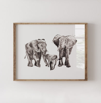 Elephant Family of 3 Safari Animal Watercolor Art Print - Art Prints - Moon Rock Prints
