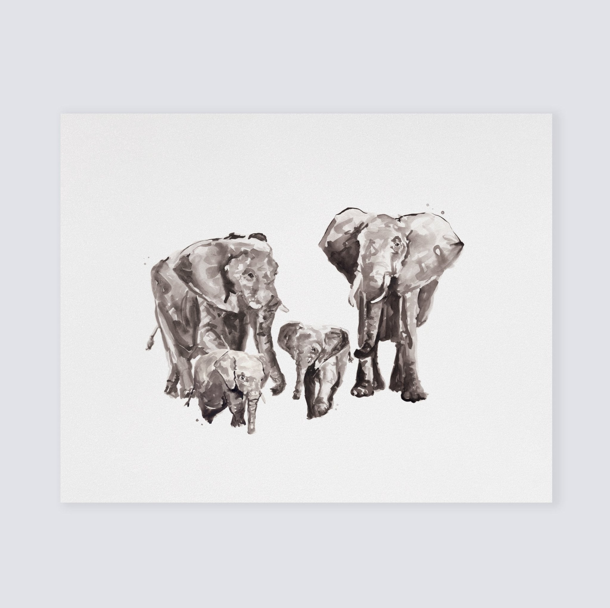 Elephant Family of 4 Safari Animal Watercolor Art Print - Moon Rock Prints