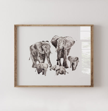 Elephant Family of 5 Watercolor Art Print - Art Prints - Moon Rock Prints