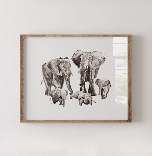 Elephant Family of 5 Watercolor Art Print - Art Prints - Moon Rock Prints