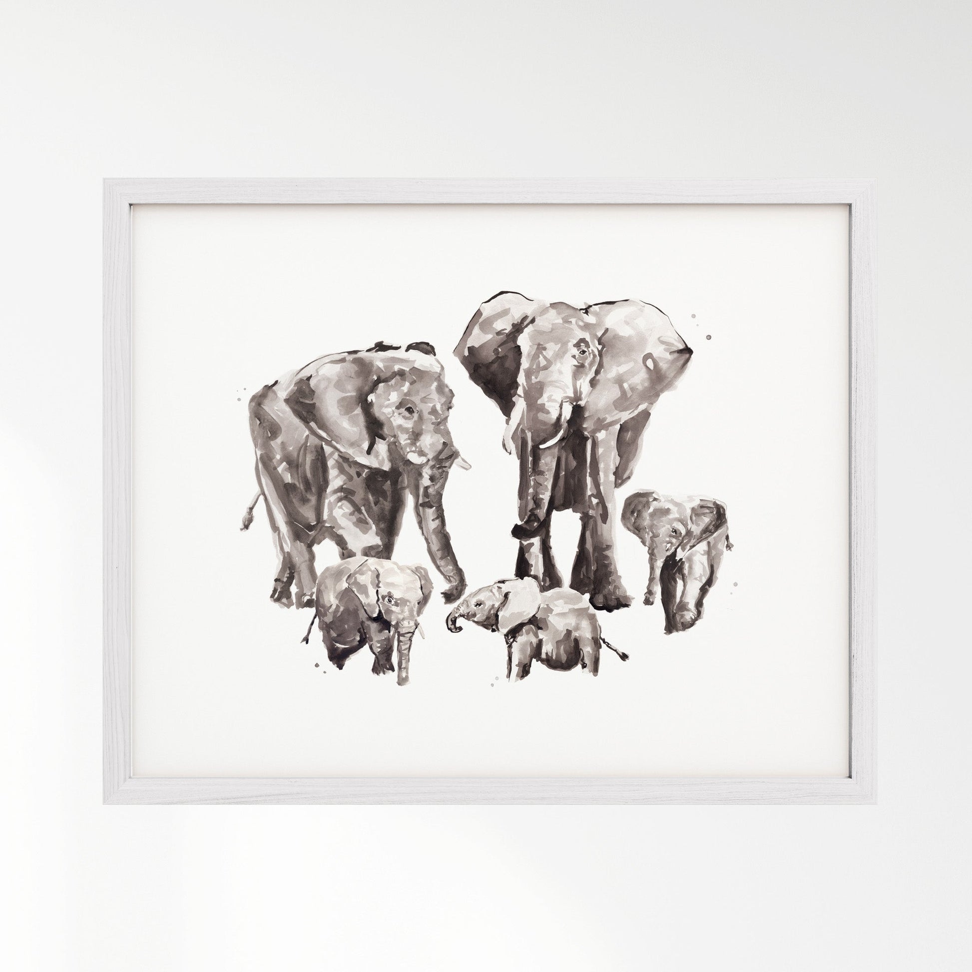 Elephant Family of 5 Watercolor Art Print - Art Prints - Moon Rock Prints