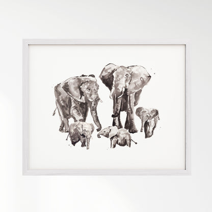 Elephant Family of 5 Watercolor Art Print - Art Prints - Moon Rock Prints