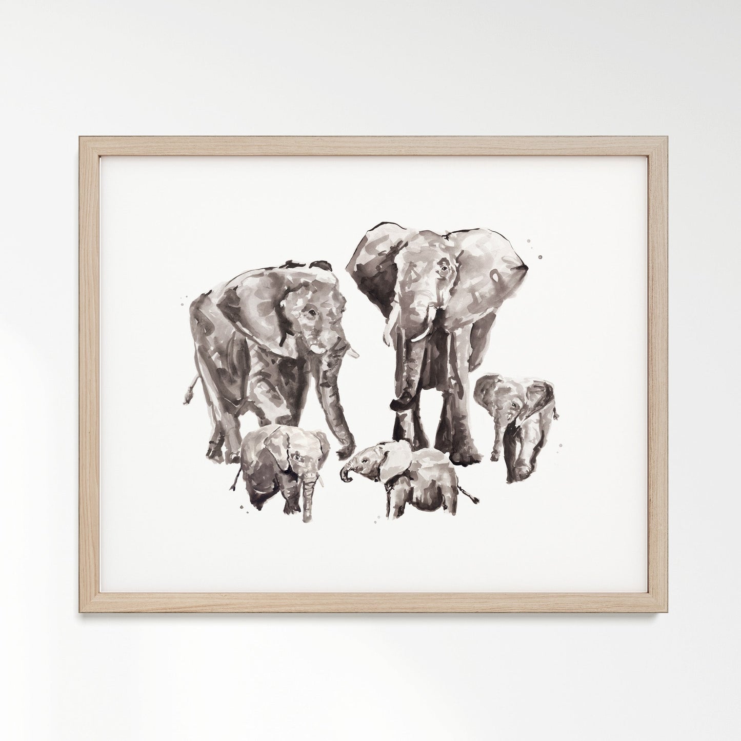 Elephant Family of 5 Watercolor Art Print - Art Prints - Moon Rock Prints