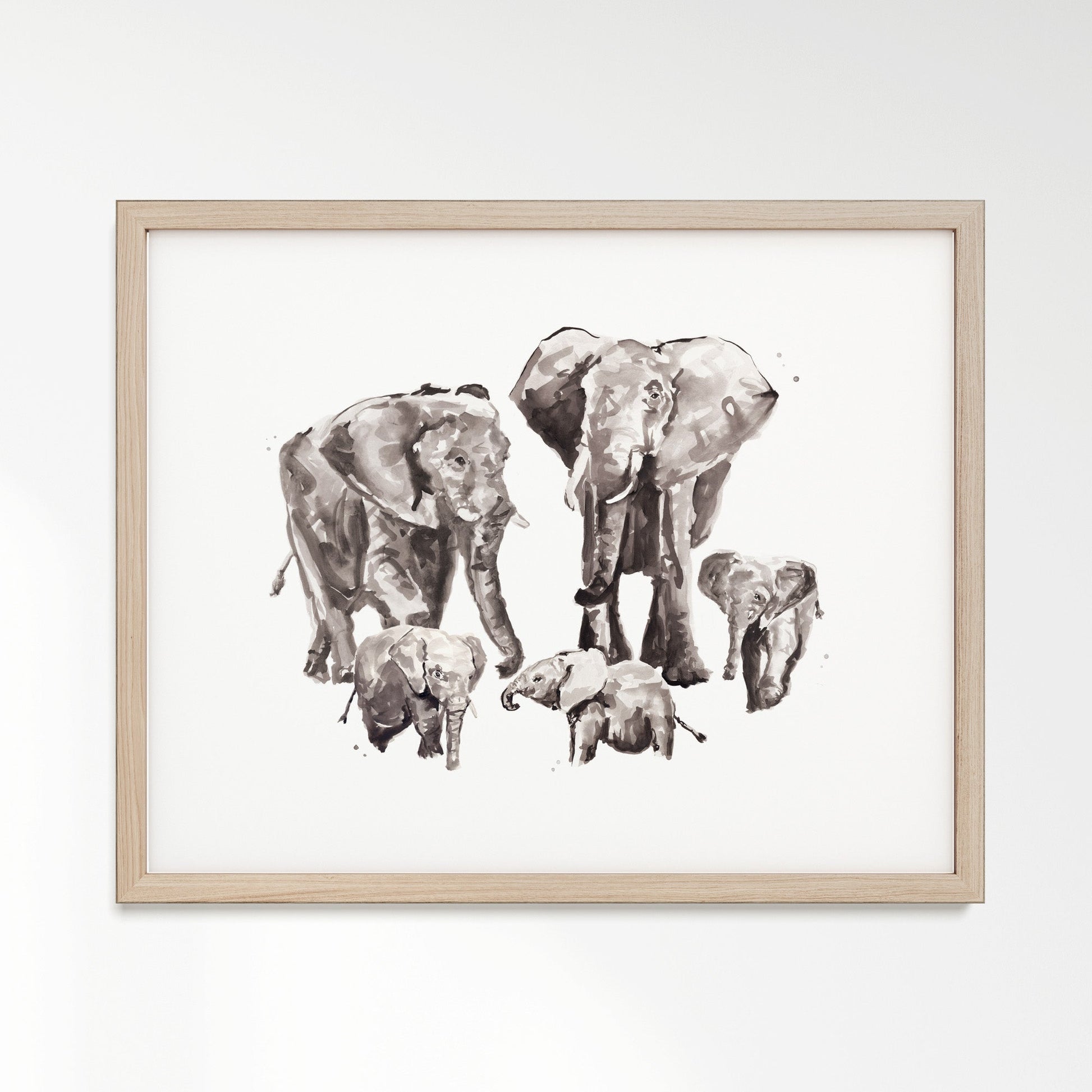 Elephant Family of 5 Watercolor Art Print - Art Prints - Moon Rock Prints