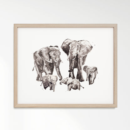 Elephant Family of 5 Watercolor Art Print - Art Prints - Moon Rock Prints