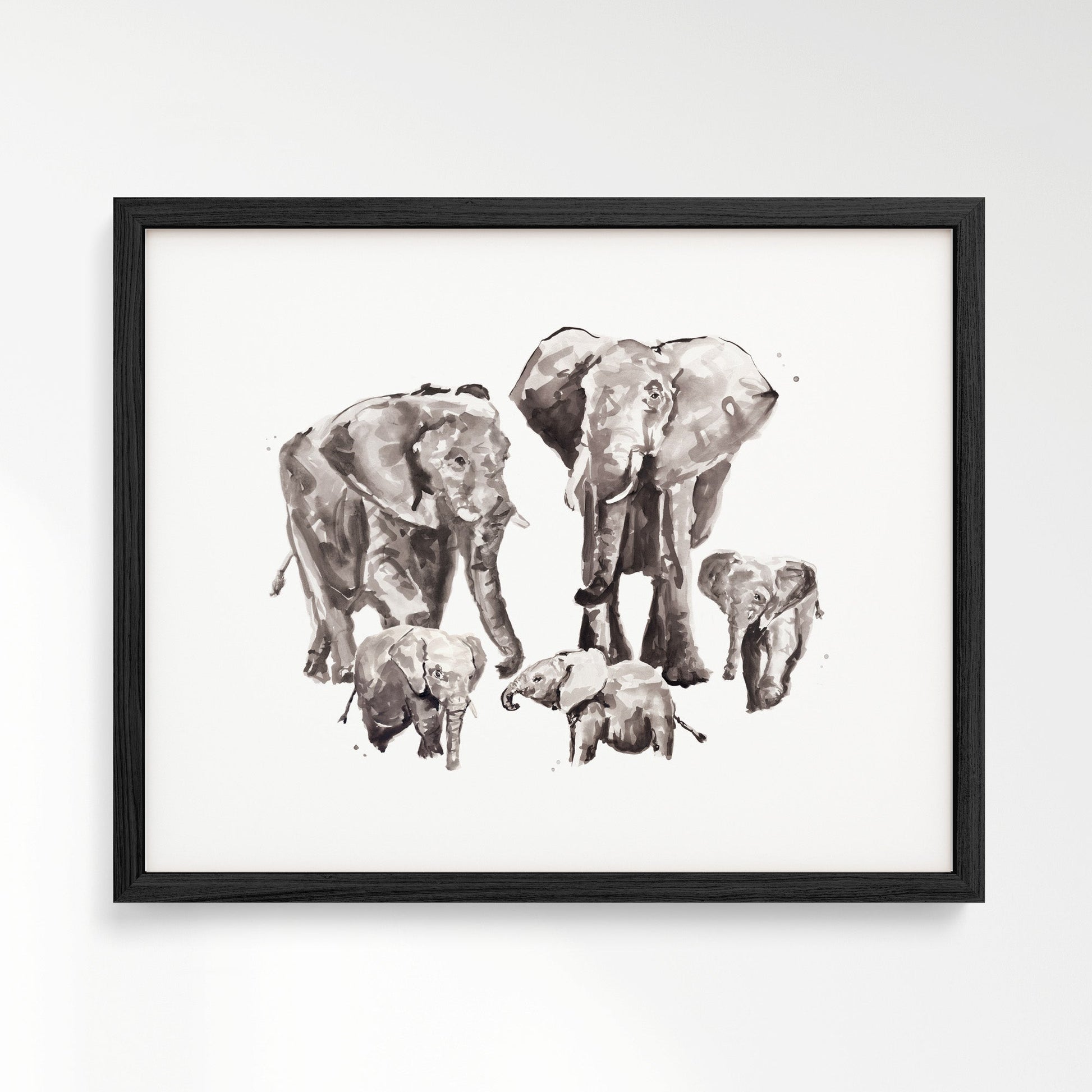 Elephant Family of 5 Watercolor Art Print - Art Prints - Moon Rock Prints
