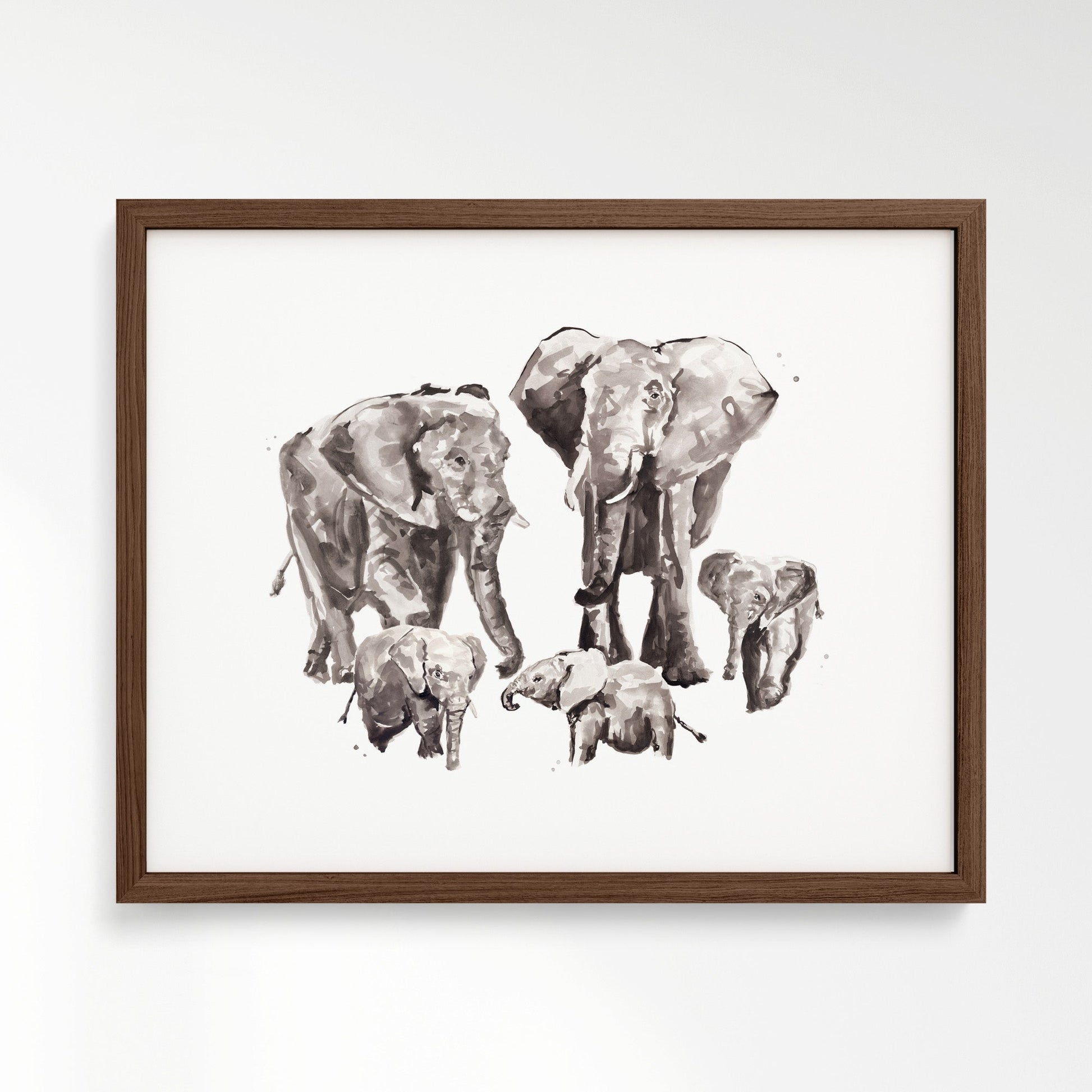 Elephant Family of 5 Watercolor Art Print - Art Prints - Moon Rock Prints