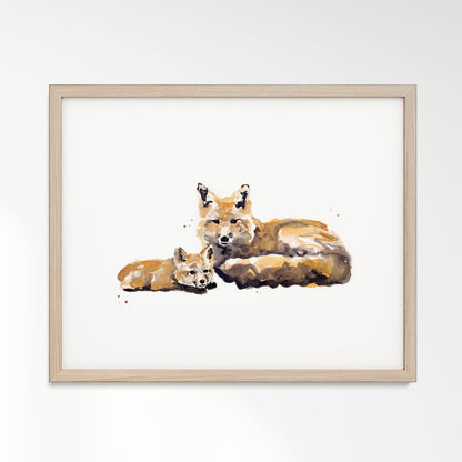 Fox and Baby Fox Woodland Animal Watercolor Art Print - Art Prints - Moon Rock Prints