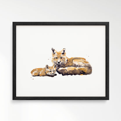 Fox and Baby Fox Woodland Animal Watercolor Art Print - Art Prints - Moon Rock Prints