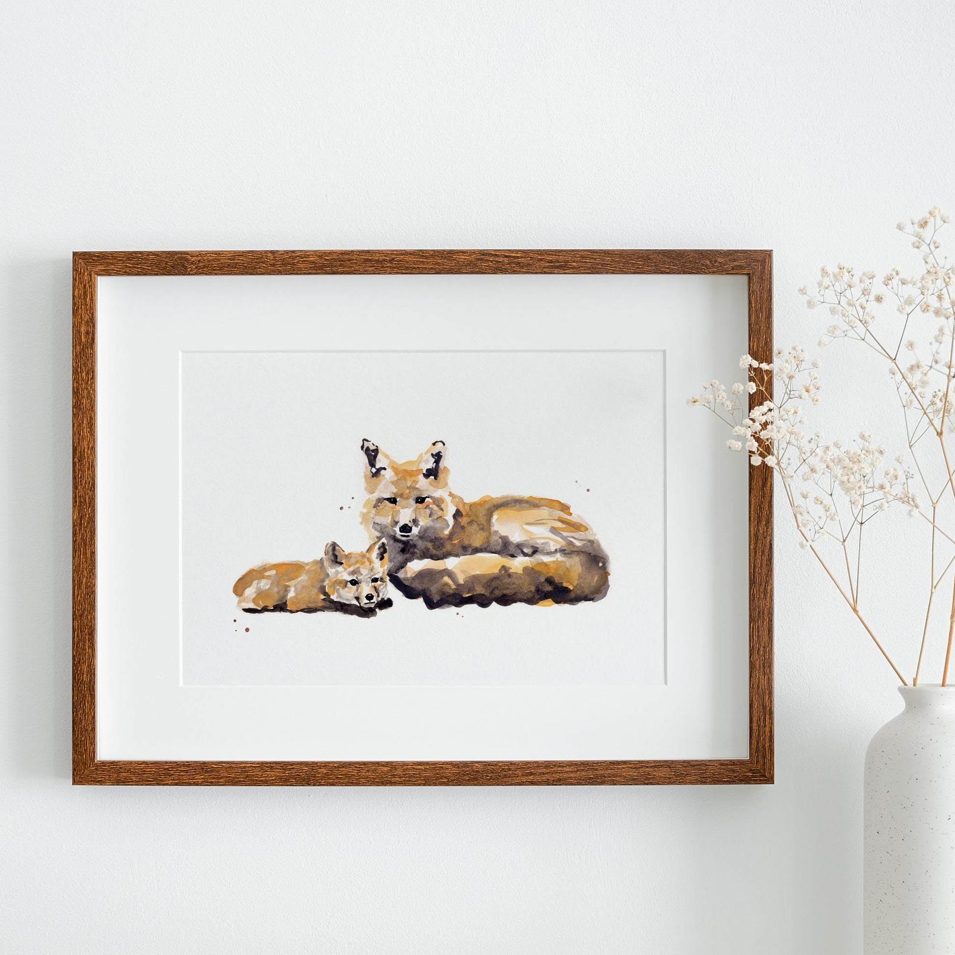 Fox and Baby Fox Woodland Animal Watercolor Art Print - Art Prints - Moon Rock Prints