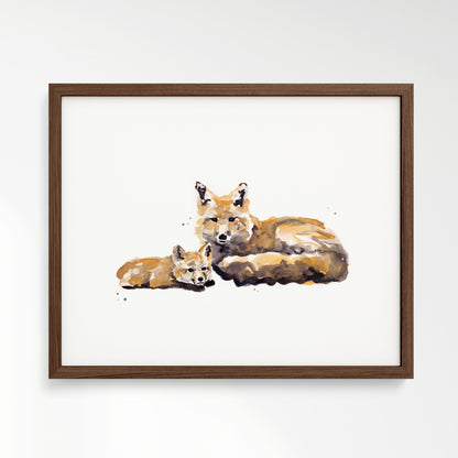 Fox and Baby Fox Woodland Animal Watercolor Art Print - Art Prints - Moon Rock Prints