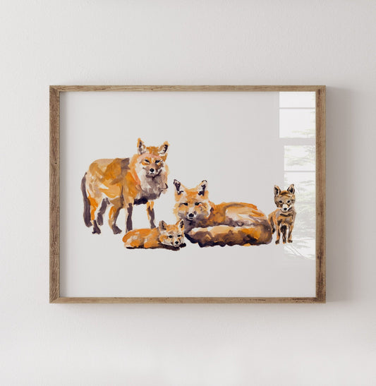 Fox Family of 4 Woodland Animal Watercolor Art Print - Art Prints - Moon Rock Prints