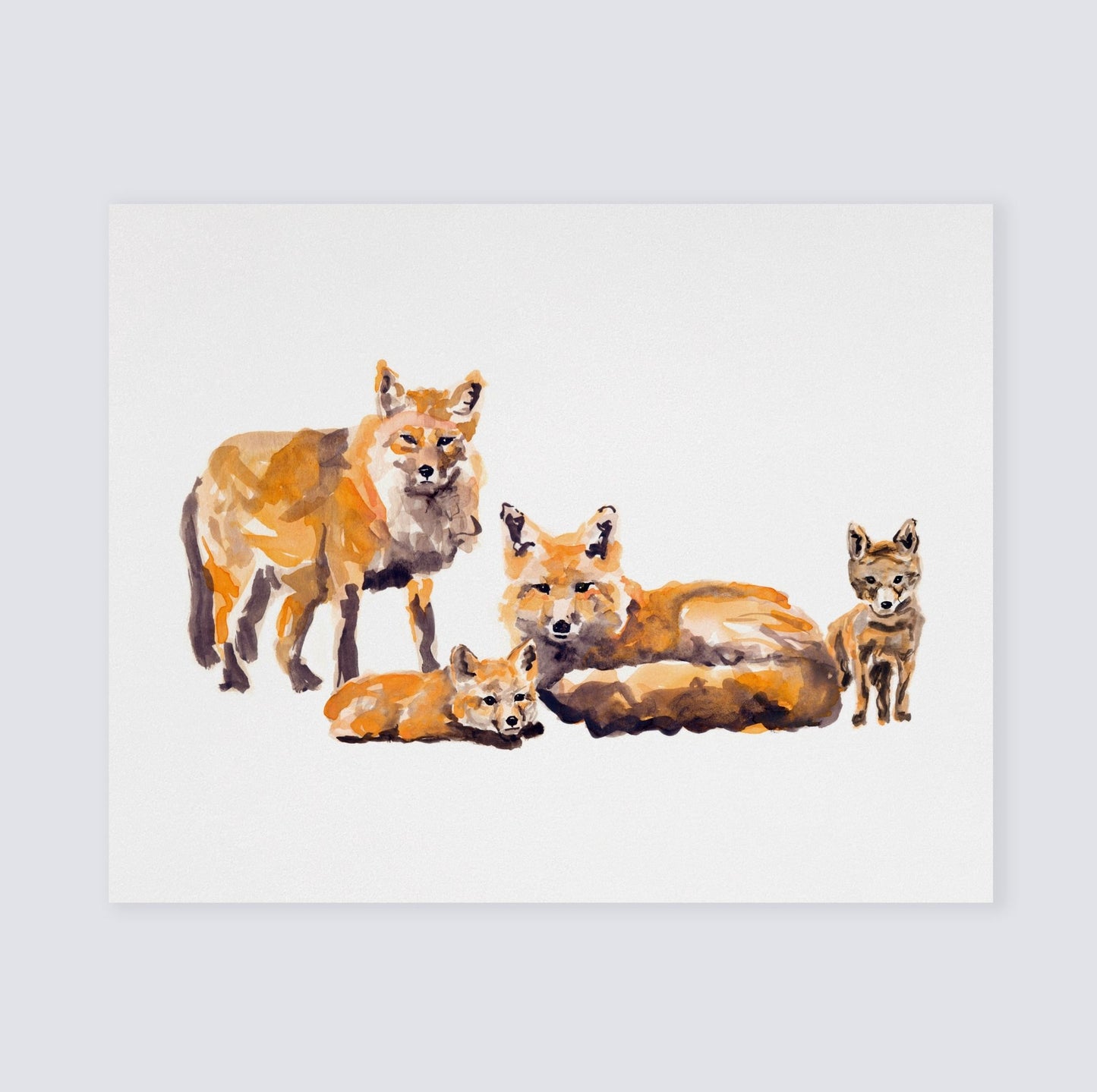Fox Family of 4 Woodland Animal Watercolor Art Print - Art Prints - Moon Rock Prints