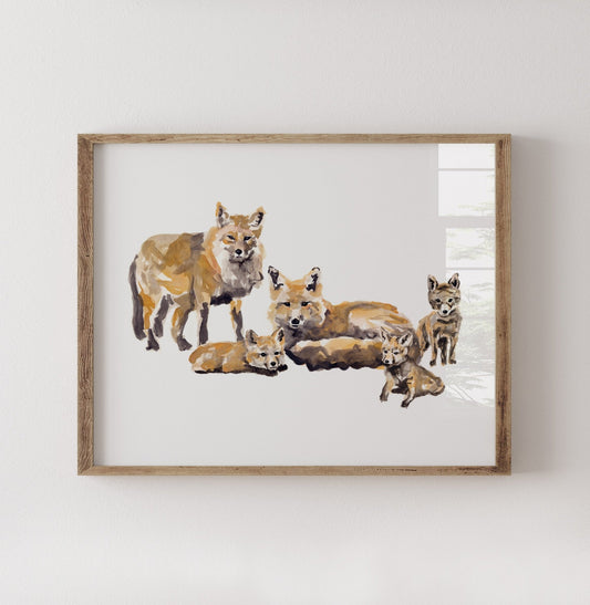 Fox Family of 5 Woodland Animal Watercolor Art Print - Art Prints - Moon Rock Prints