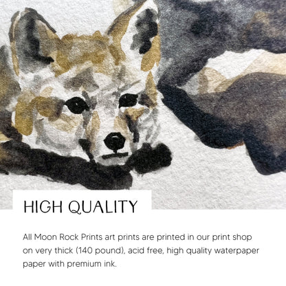 Fox with Two Fox Pups Woodland Animal Watercolor Art Print - Art Prints - Moon Rock Prints