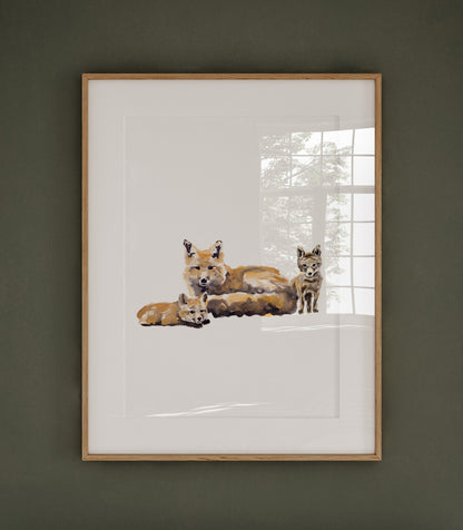 Fox with Two Fox Pups Woodland Animal Watercolor Art Print - Art Prints - Moon Rock Prints