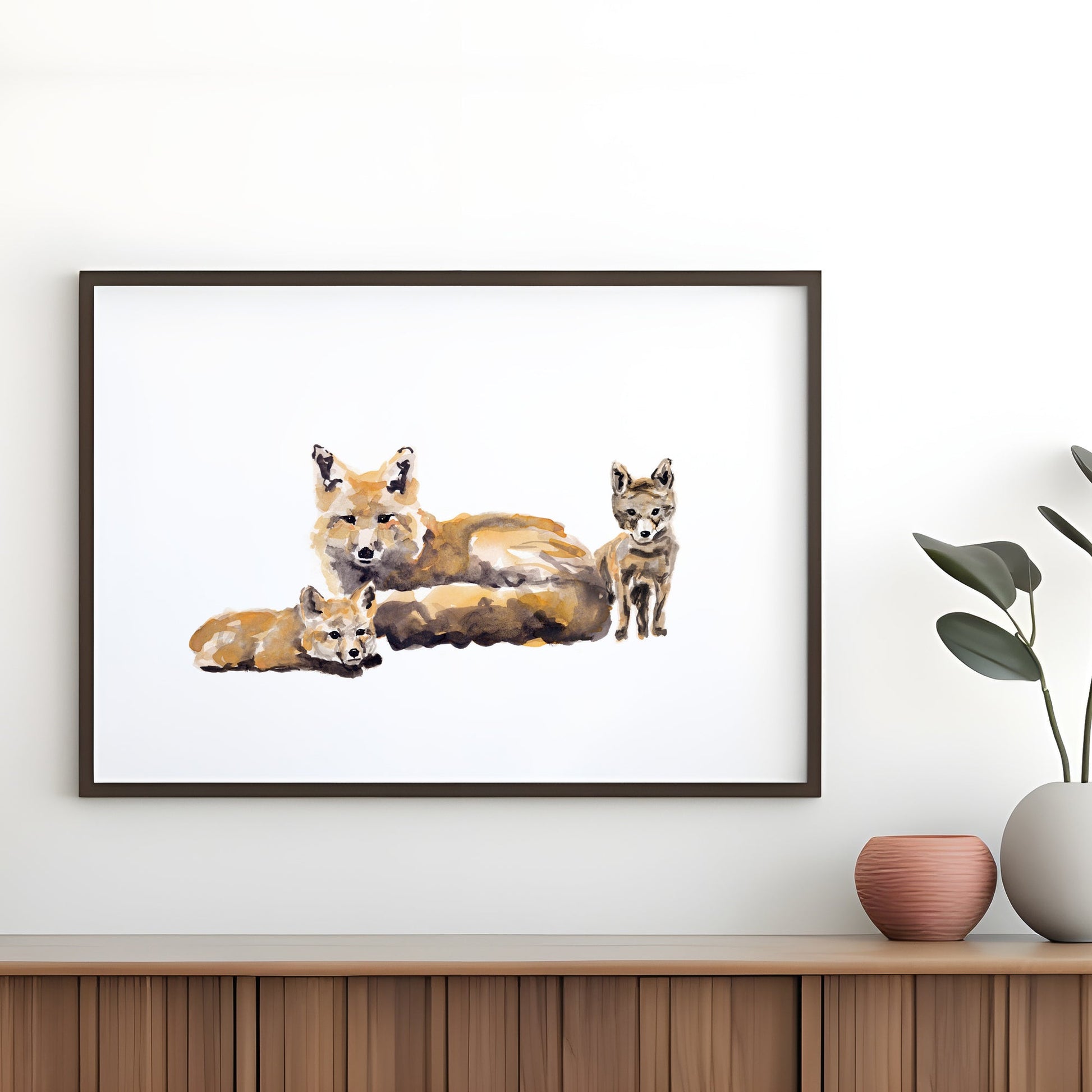 Fox with Two Fox Pups Woodland Animal Watercolor Art Print - Art Prints - Moon Rock Prints