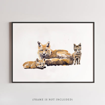 Fox with Two Fox Pups Woodland Animal Watercolor Art Print - Art Prints - Moon Rock Prints