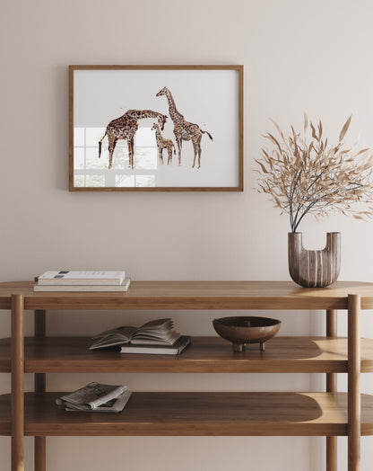 Giraffe Family of 3 Safari Animal Watercolor Art Print - Art Prints - Moon Rock Prints