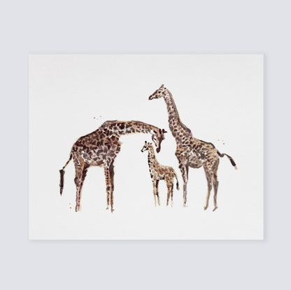 Giraffe Family of 3 Safari Animal Watercolor Art Print - Art Prints - Moon Rock Prints