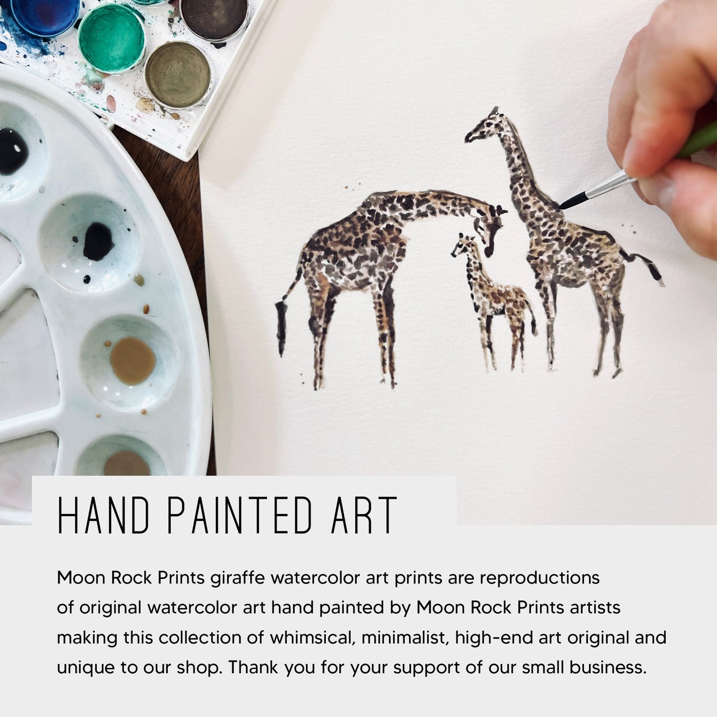 Giraffe Family of 3 Safari Animal Watercolor Art Print - Art Prints - Moon Rock Prints