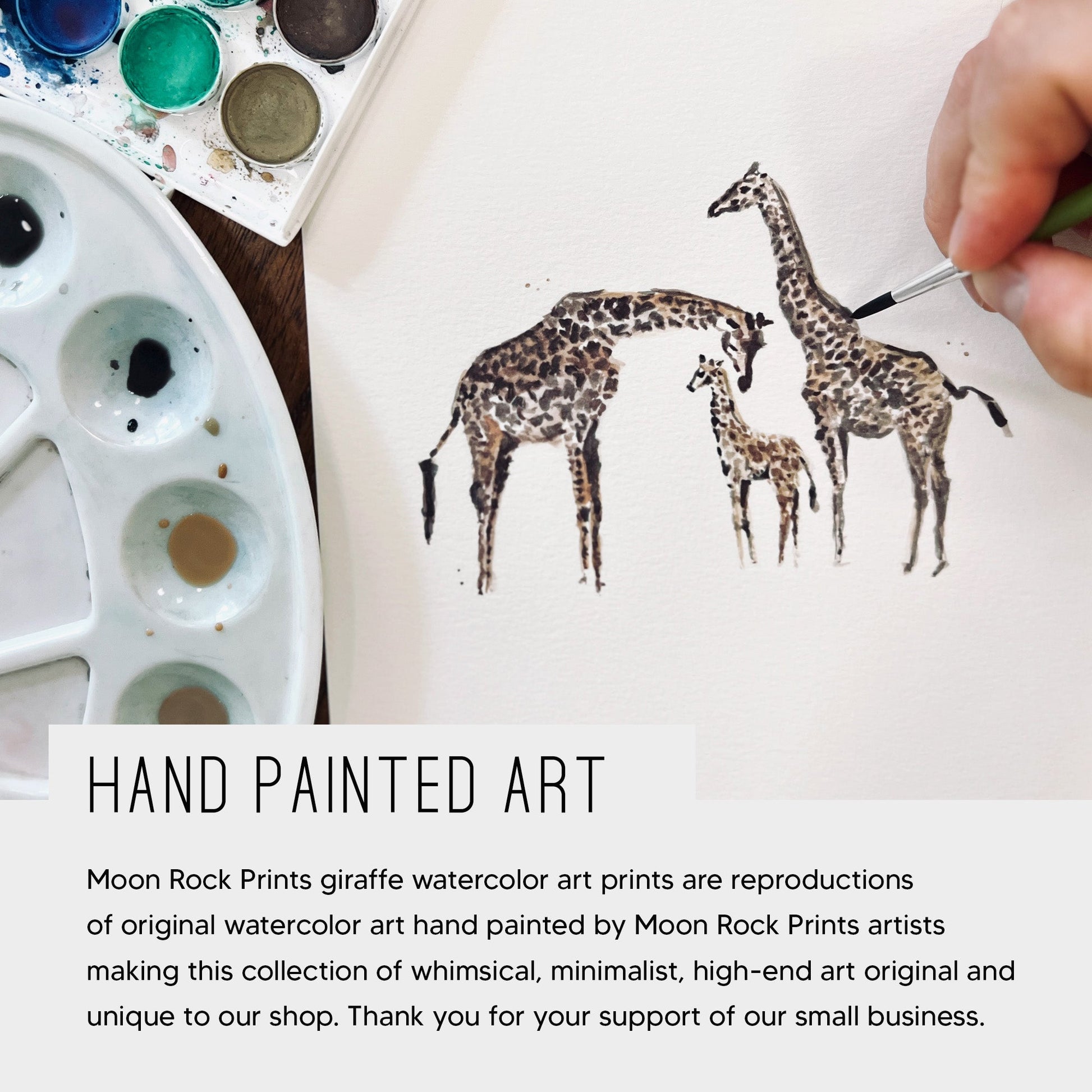 Giraffe Family of 3 Safari Animal Watercolor Art Print - Art Prints - Moon Rock Prints