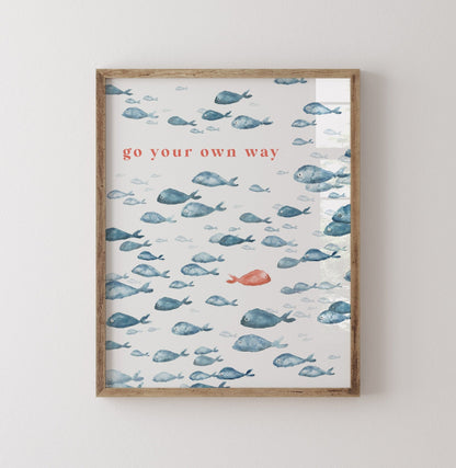 Go Your Own Way Navy Fish Watercolor Print - Art Prints - Moon Rock Prints