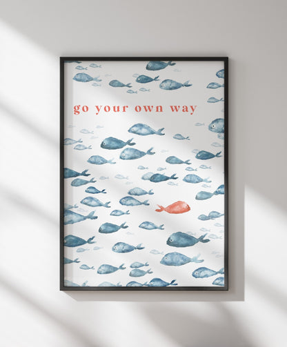 Go Your Own Way Navy Fish Watercolor Print - Art Prints - Moon Rock Prints