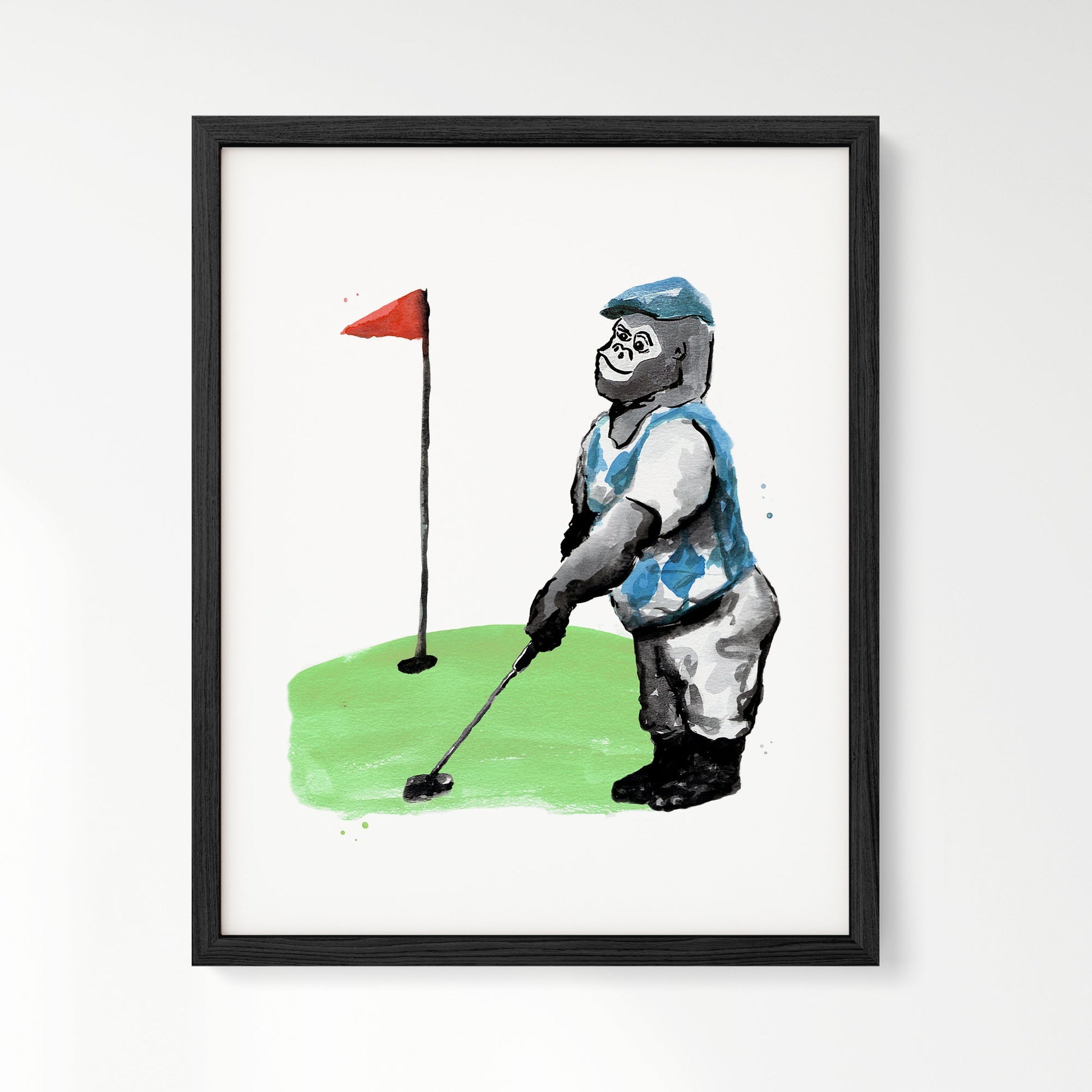Golfing Gorilla Watercolor Art Print - Art Prints - Moon Rock Prints