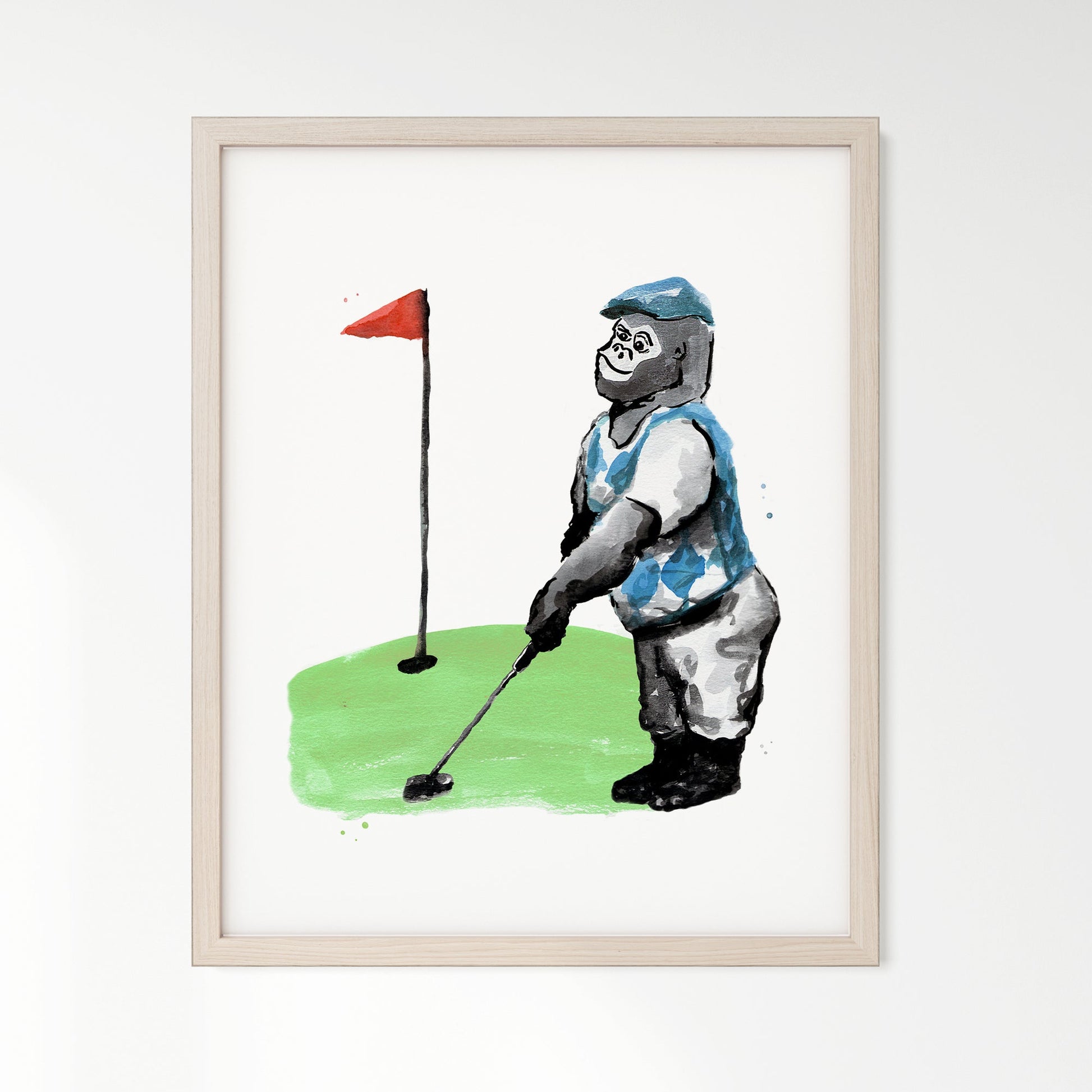 Golfing Gorilla Watercolor Art Print - Art Prints - Moon Rock Prints