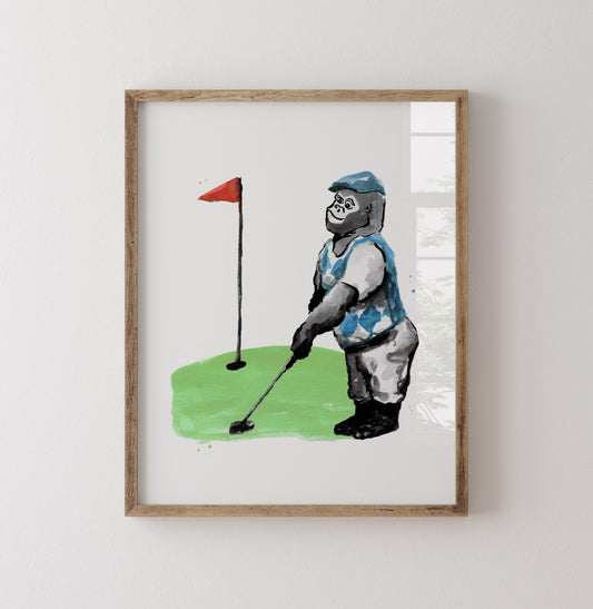 Golfing Gorilla Watercolor Art Print - Art Prints - Moon Rock Prints