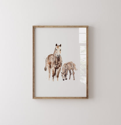 Horse and Baby Horse Farm Animal Watercolor Art Print - Art Prints - Moon Rock Prints