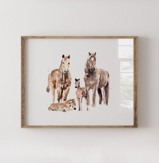 Horse Family of 4 Watercolor Art Print - Art Prints - Moon Rock Prints