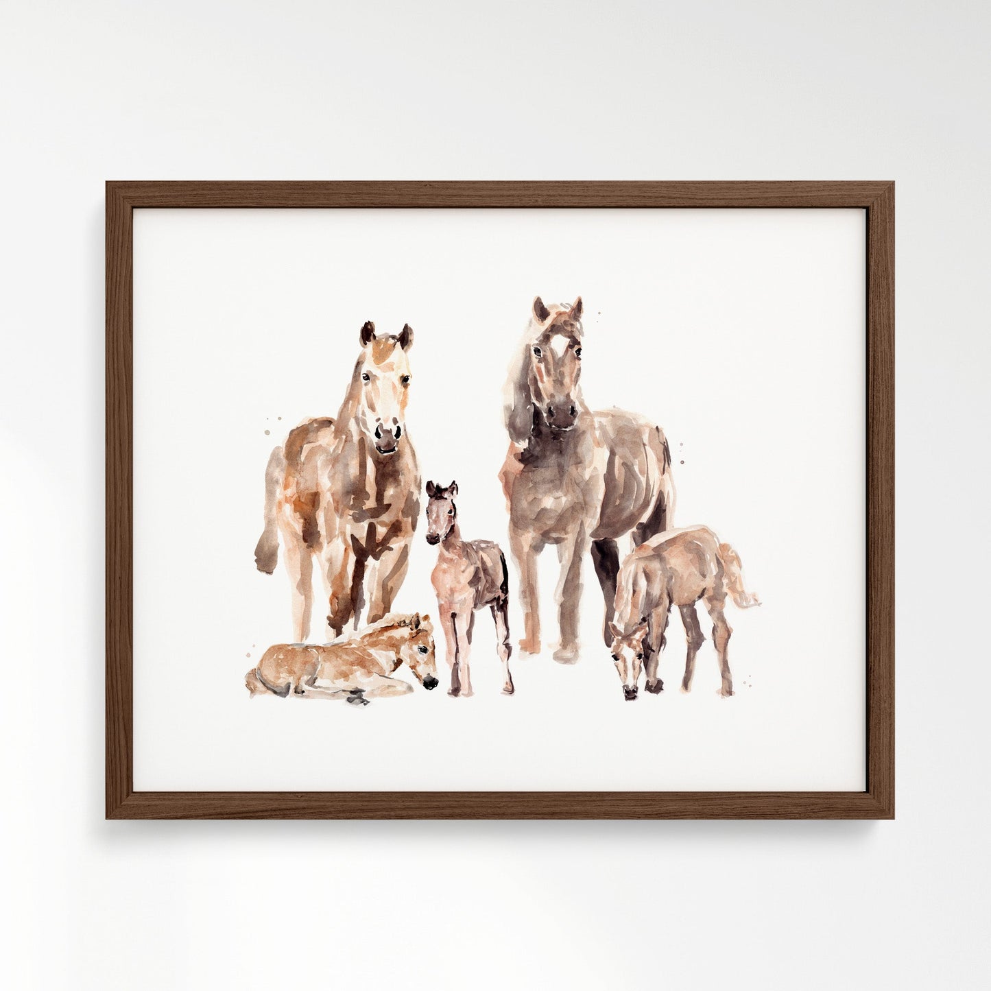 Horse Family of 5 Farm Animal Watercolor Art Print - Art Prints - Moon Rock Prints