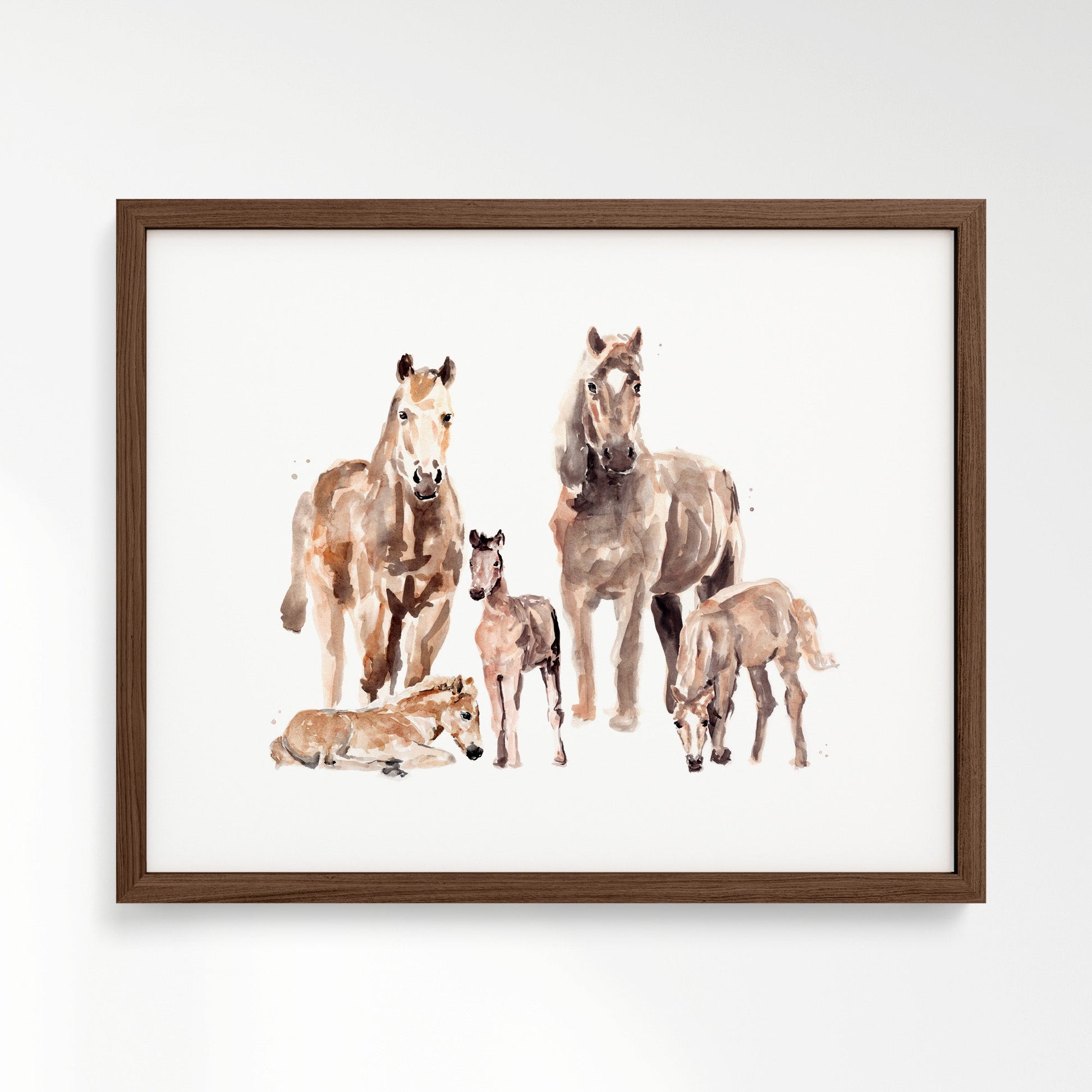 Horse Family of 5 Farm Animal Watercolor Art Print - Art Prints - Moon Rock Prints