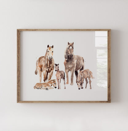 Horse Family of 5 Farm Animal Watercolor Art Print - Art Prints - Moon Rock Prints