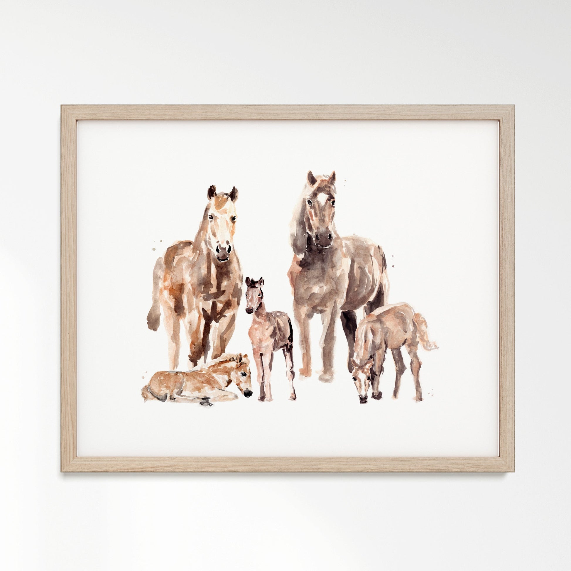 Horse Family of 5 Farm Animal Watercolor Art Print - Art Prints - Moon Rock Prints
